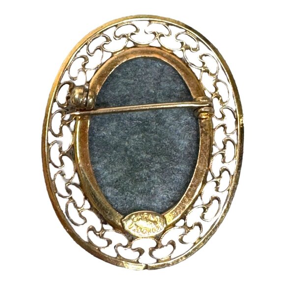 Vintage Carla Green Nephrite Jade Filigree Brooch 1/20 12K GF Open Lacework - Picture 2 of 5